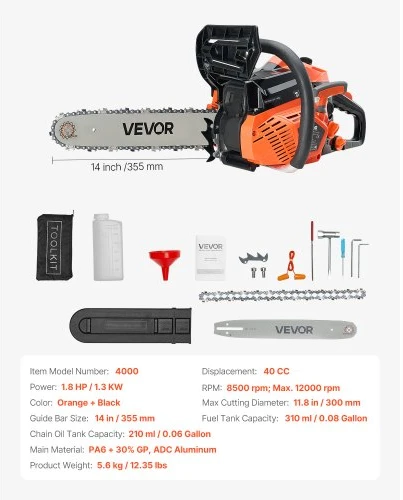 VEVOR Benzininis grandininis pjūklas 4000, 40 cc, 1,3 kW, 36 cm, oranžinė / juoda