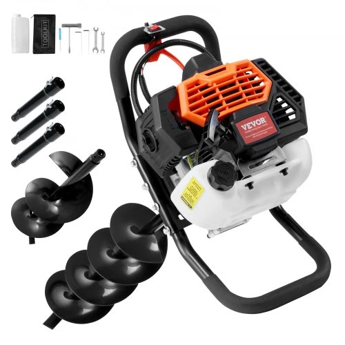 Koduva Benzininis žemės grąžtas VEVOR D52-F, 52 cc, 1450 W, su 2 grąžtais ir 3 prailginimo strypais, oranžinis + juodas