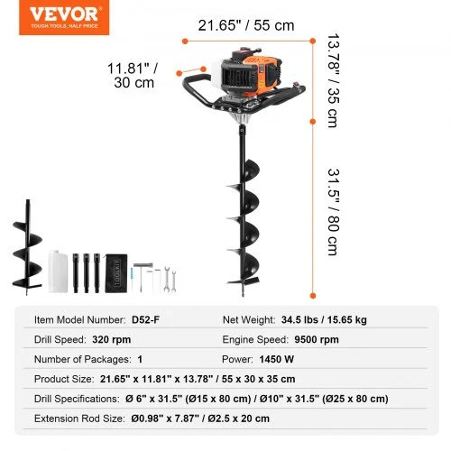 Koduva Benzininis žemės grąžtas VEVOR D52-F, 52 cc, 1450 W, su 2 grąžtais ir 3 prailginimo strypais, oranžinis + juodas