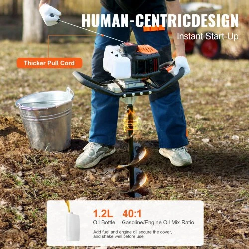 Koduva Benzininis žemės grąžtas VEVOR D52-F, 52 cc, 1450 W, su 2 grąžtais ir 3 prailginimo strypais, oranžinis + juodas