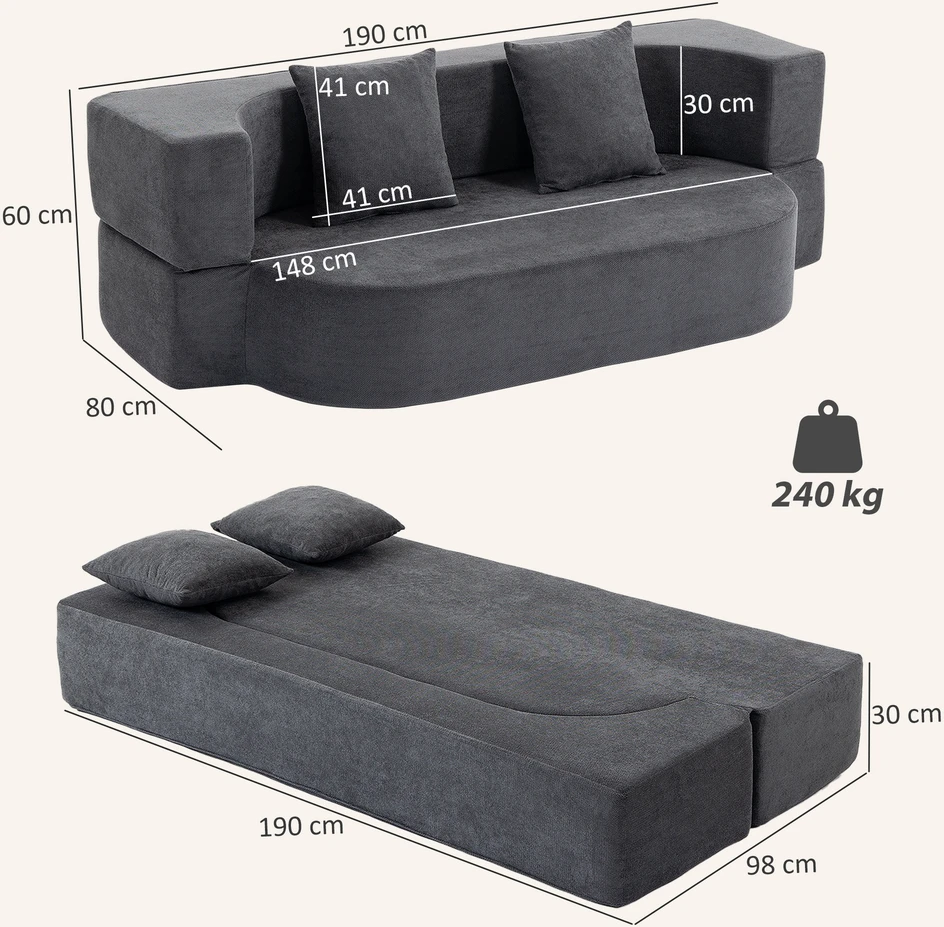 Aosom Berėmė dvivietė grindų sofa-lova su 2 pagalvėmis, tamsiai pilka, 190 cm