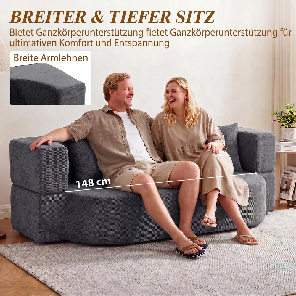 Aosom Berėmė dvivietė grindų sofa-lova su 2 pagalvėmis, tamsiai pilka, 190 cm