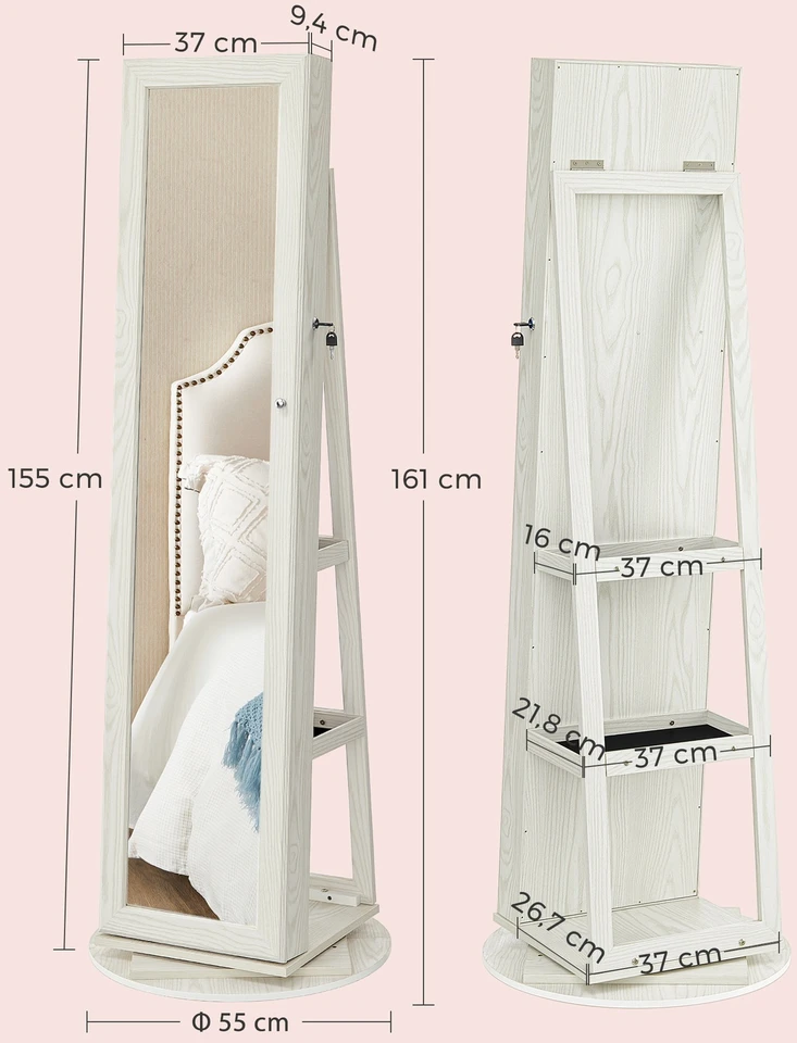Songmics Besisukanti papuošalų spintelė su veidrodžiu, 54 x 161 x 54 cm, MDF, balta su medžio raštu