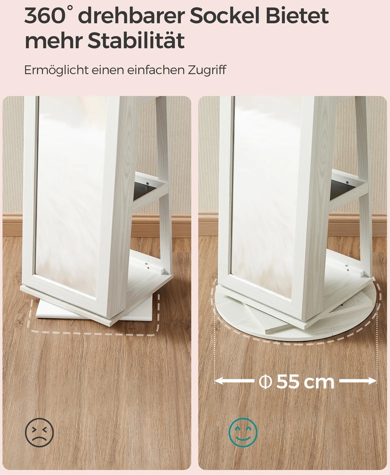 Songmics Besisukanti papuošalų spintelė su veidrodžiu, 54 x 161 x 54 cm, MDF, balta su medžio raštu