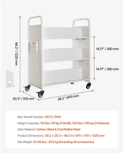 Koduva Bibliotekos knygų vežimėlis VEVOR, baltas, plienas, 97 x 52 x 123 cm, iki 150 kg