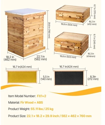 VEVOR Bičių avilys FX1+2, 30 rėmų, eglės mediena, 2 gilūs + 1 vidutinis korpusas, 56 x 46 x 76 cm