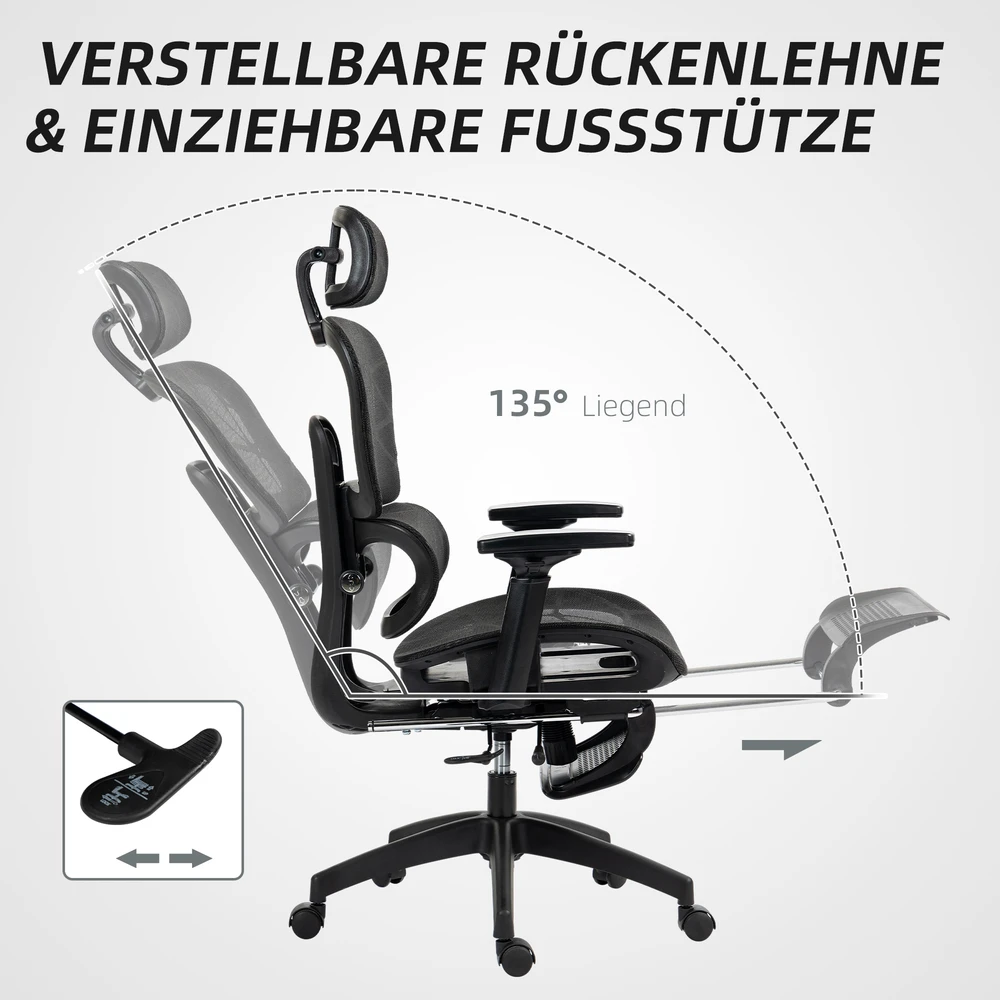 Aosom Biuro kėdė, ergonominė su tinkliniu audiniu, reguliuojama, juoda, 120 kg