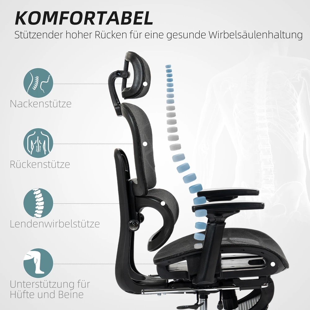 Aosom Biuro kėdė, ergonominė su tinkliniu audiniu, reguliuojama, juoda, 120 kg
