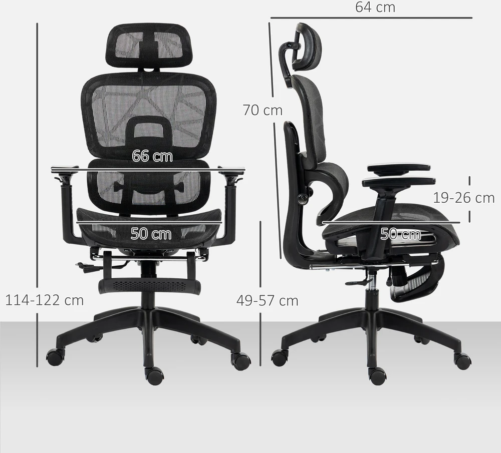 Aosom Biuro kėdė, ergonominė su tinkliniu audiniu, reguliuojama, juoda, 120 kg