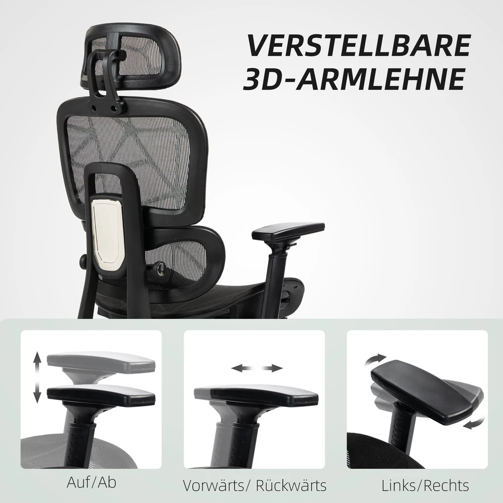 Aosom Biuro kėdė, ergonominė su tinkliniu audiniu, reguliuojama, juoda, 120 kg