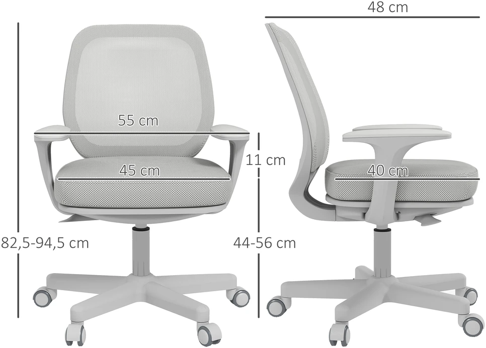 Aosom Biuro kėdė, ergonominė sukamoji, pilka, 55 x 48 x 82,5-94,5 cm