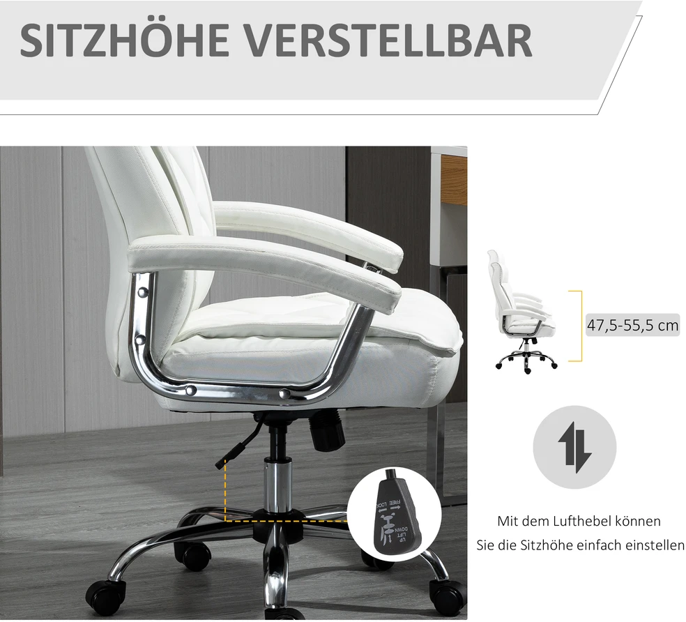 Aosom Biuro kėdė, ergonomiška darbo kėdė, reguliuojamo aukščio su supimo funkcija, rombų raštas, dirbtinė oda, balta