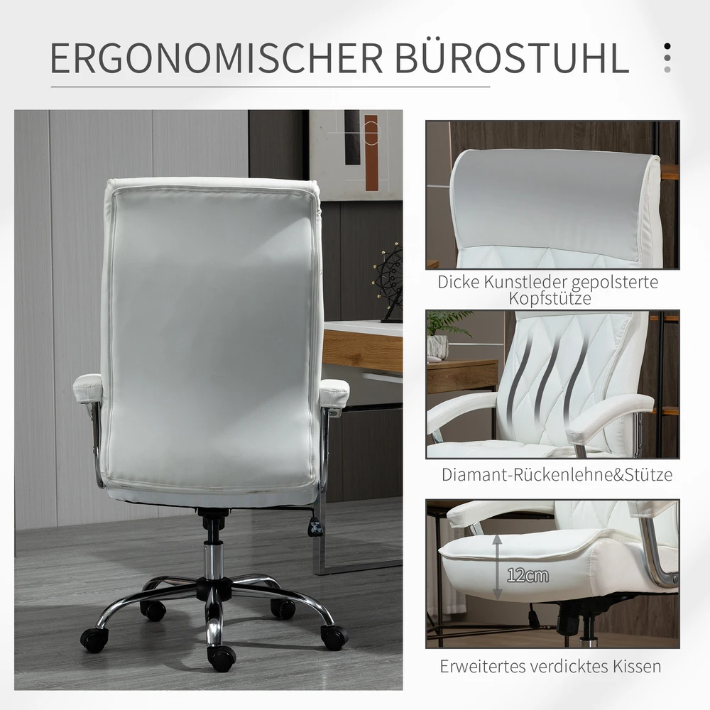 Aosom Biuro kėdė, ergonomiška darbo kėdė, reguliuojamo aukščio su supimo funkcija, rombų raštas, dirbtinė oda, balta
