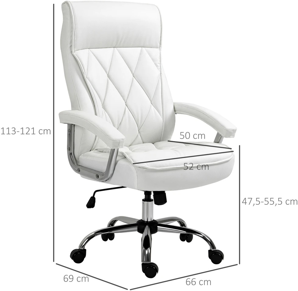 Aosom Biuro kėdė, ergonomiška darbo kėdė, reguliuojamo aukščio su supimo funkcija, rombų raštas, dirbtinė oda, balta