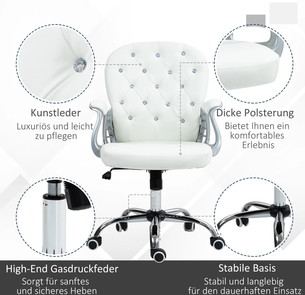 Aosom Biuro kėdė, ergonomiška, su porankiais, paminkštinta nugara, balta