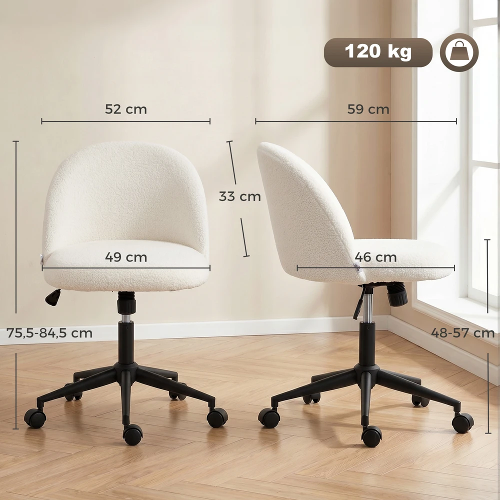 Aosom Biuro kėdė iš teddy fleece, reguliuojamo aukščio, su ratukais, kreminė