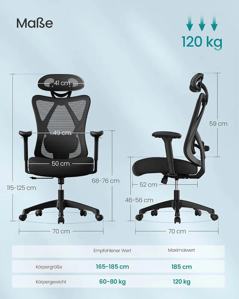 Koduva Biuro kėdė, juoda, reguliuojamo aukščio, su galvos ir juosmens atrama, iki 150 kg