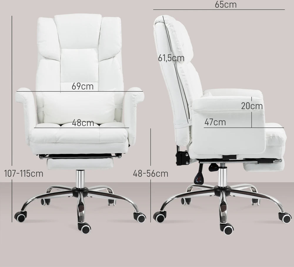 Aosom Biuro kėdė, reguliuojamas aukštis 48–56 cm, atlošas su atlenkimu, kojų atrama, balta