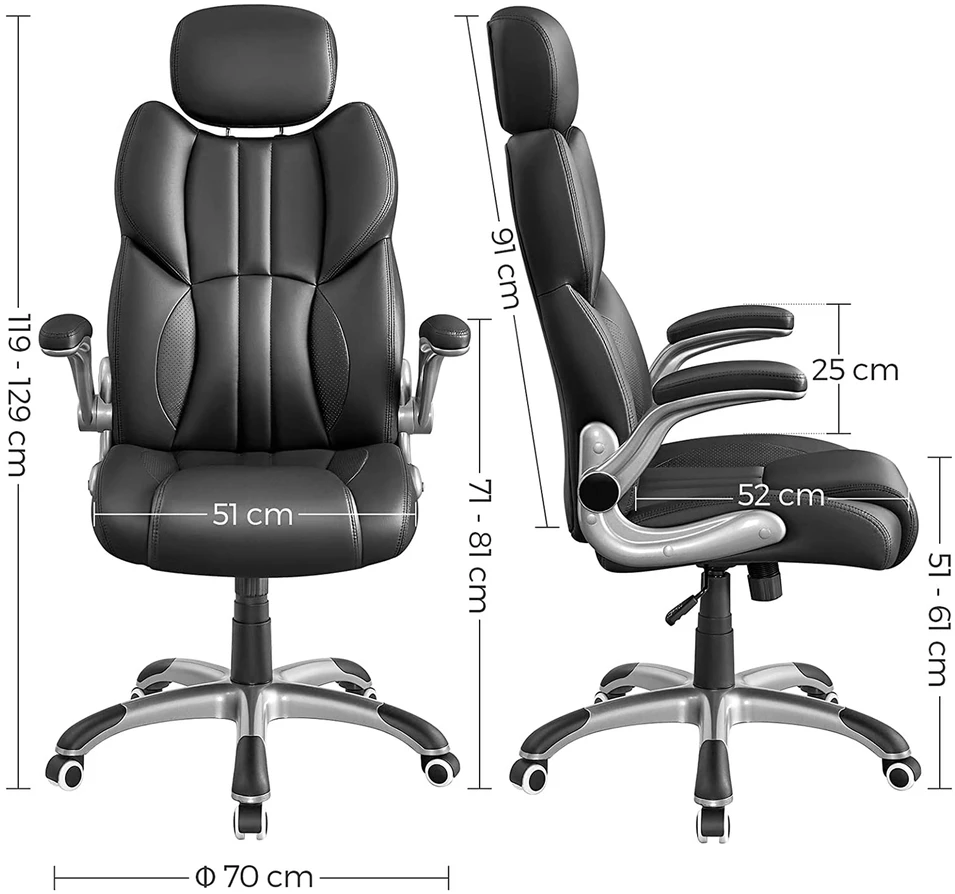 Songmics Biuro kėdė su atlenkiamais porankiais, juoda, PU, 70 x 72 x 119–129 cm, 150 kg