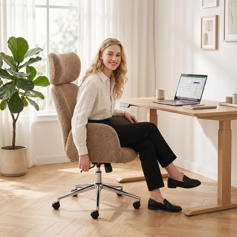 Aosom Biuro kėdė su reguliuojama galvos atrama, ergonomiška, supamoji funkcija, ruda, 115-123 cm