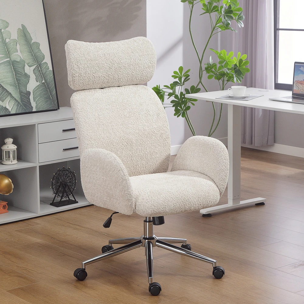 Aosom Biuro kėdė su reguliuojama galvos atrama, ergonomiška, šviesiai pilka, 115-123 cm