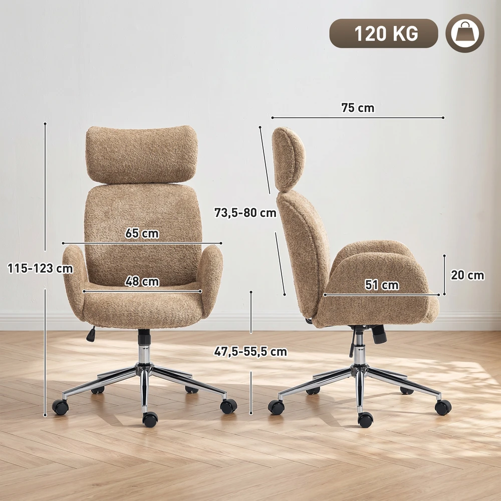 Aosom Biuro kėdė su reguliuojama galvos atrama, ergonomiška, supamoji funkcija, ruda, 115-123 cm