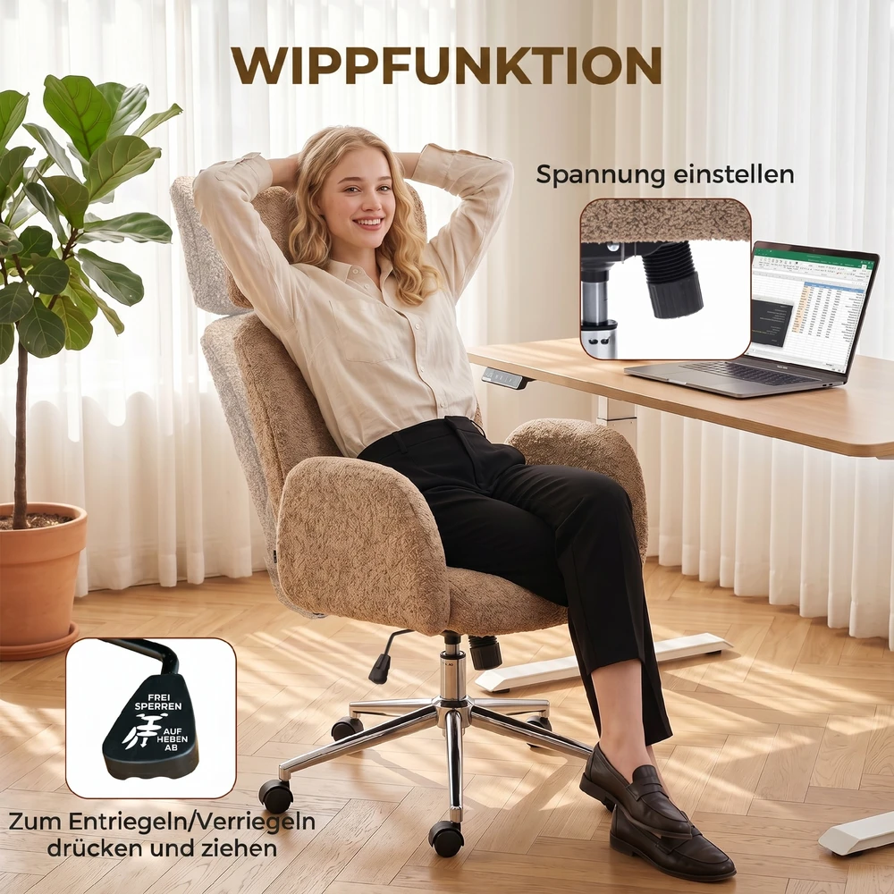 Aosom Biuro kėdė su reguliuojama galvos atrama, ergonomiška, supamoji funkcija, ruda, 115-123 cm
