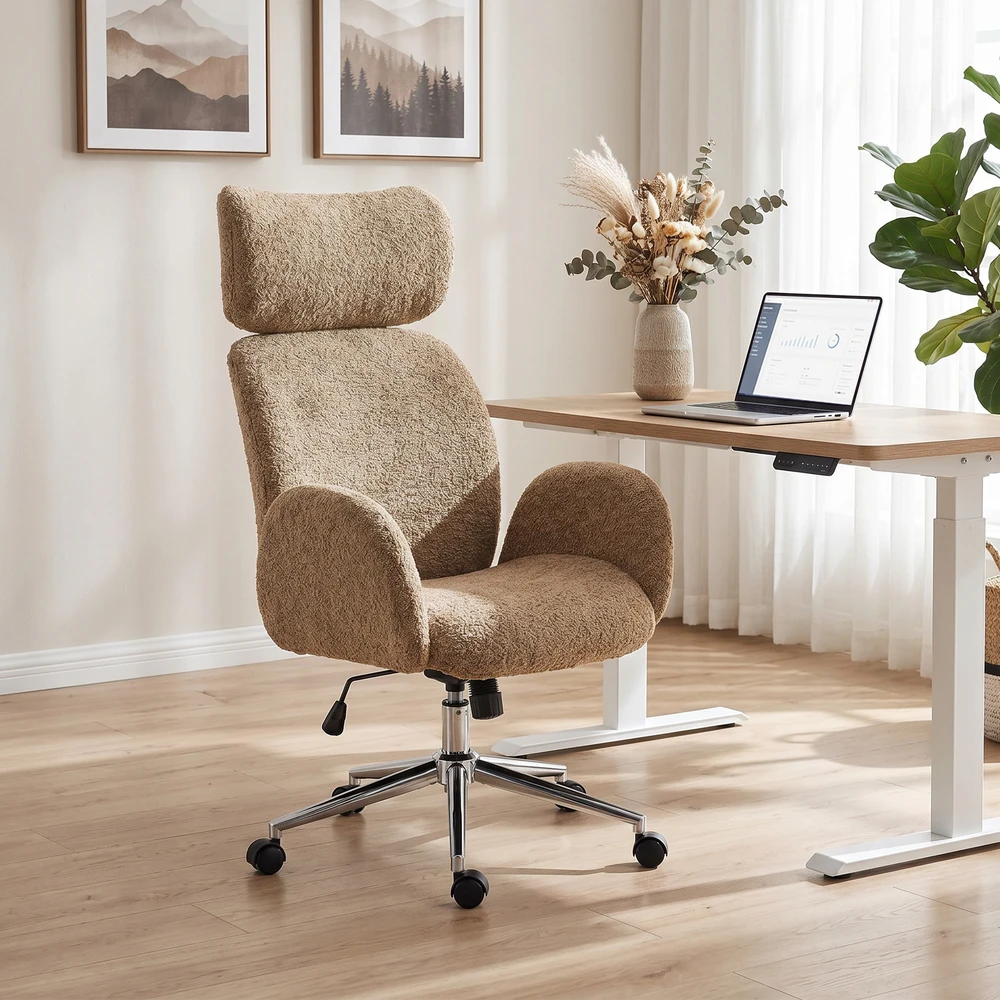 Aosom Biuro kėdė su reguliuojama galvos atrama, ergonomiška, supamoji funkcija, ruda, 115-123 cm