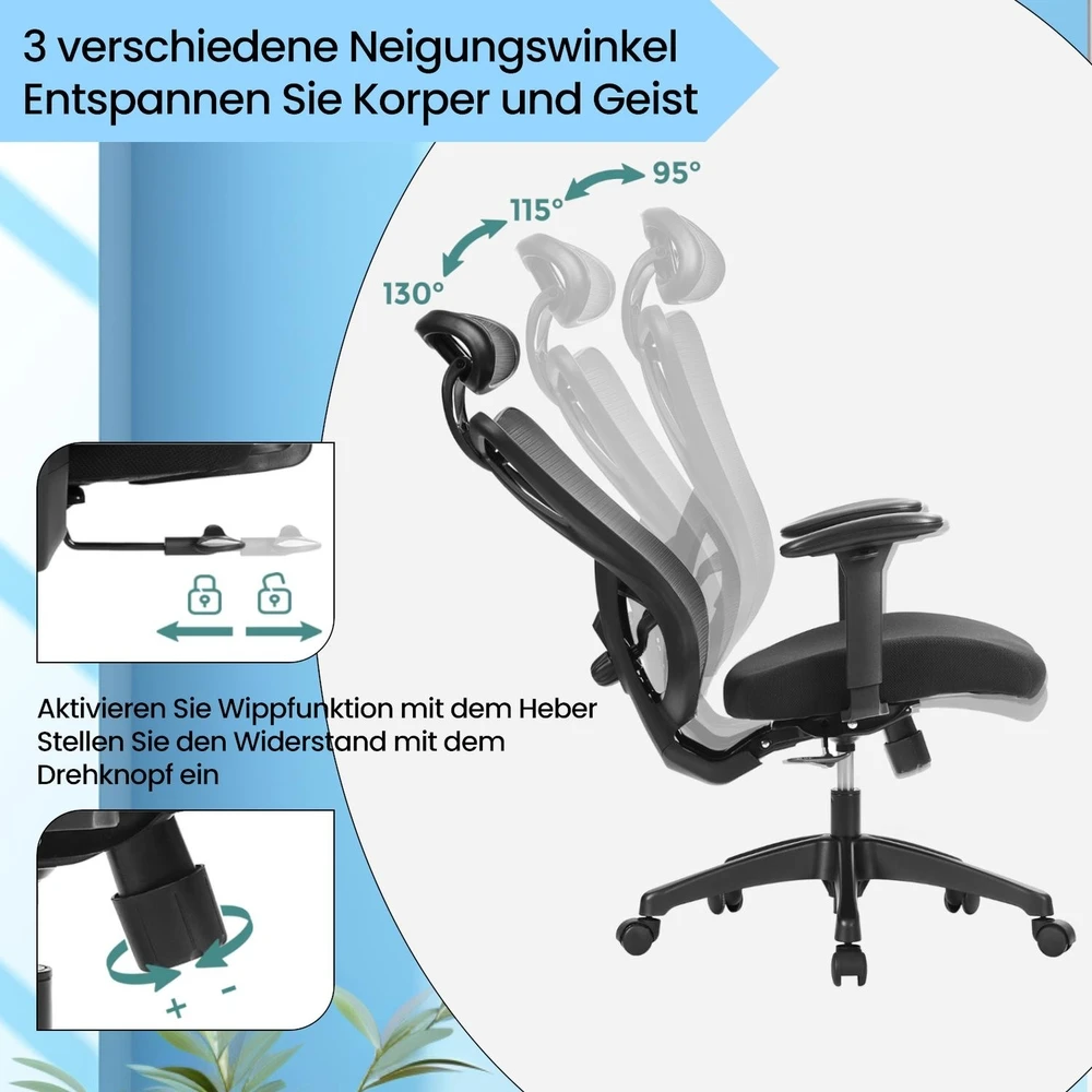 Koduva Biuro kėdė su tinklelio atlošu, juoda, reguliuojama galvos ir juosmens atrama, 150 kg