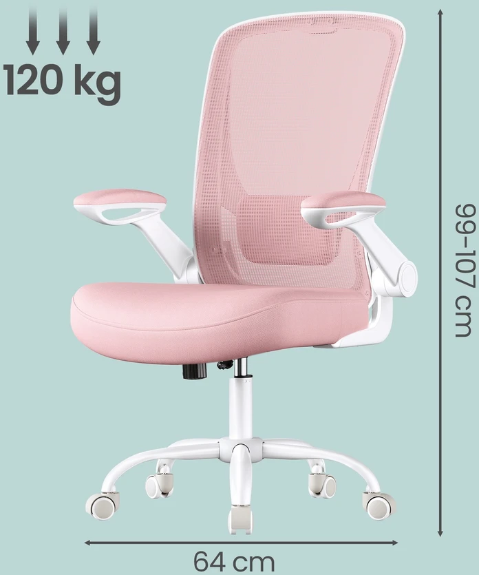 Songmics Biuro kėdė su tinkliniu atlošu, rožinė, 60 x 64 x 103-110 cm, iki 120 kg