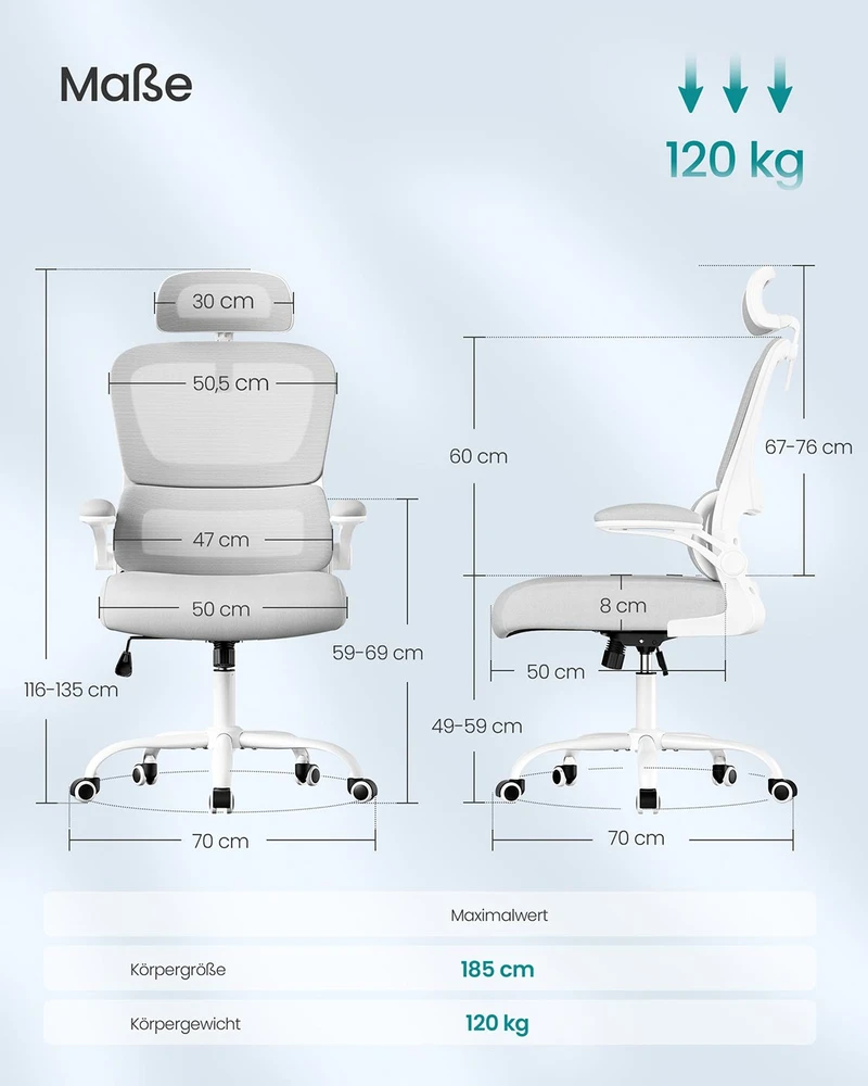 Koduva Biuro kėdė su tinkliniu audiniu, pilka, 64 x 71,5 x 116–135 cm, atlenkiami porankiai