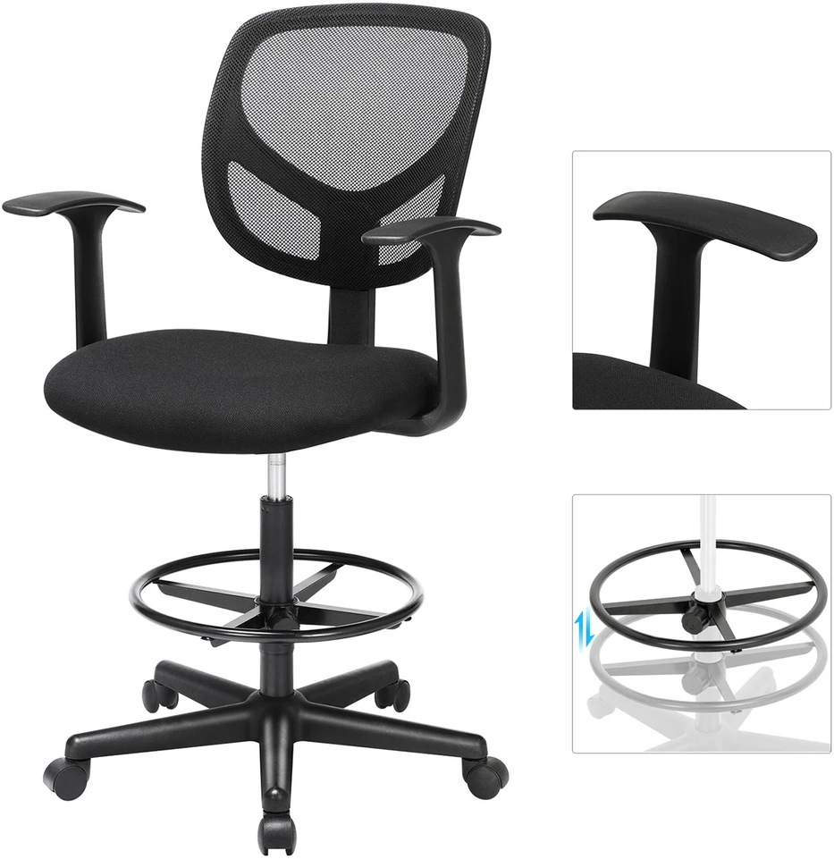 Songmics Biuro taburetė su porankiais ir tinkliniu atlošu, juoda, sėdynės aukštis 51,5-71,5 cm