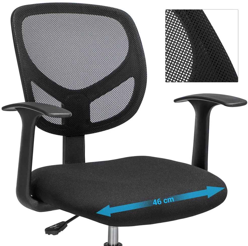 Songmics Biuro taburetė su porankiais ir tinkliniu atlošu, juoda, sėdynės aukštis 51,5-71,5 cm