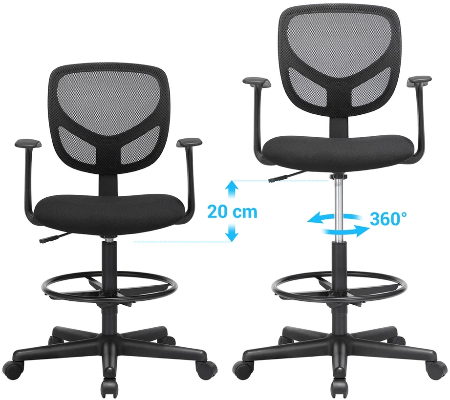 Songmics Biuro taburetė su porankiais ir tinkliniu atlošu, juoda, sėdynės aukštis 51,5-71,5 cm