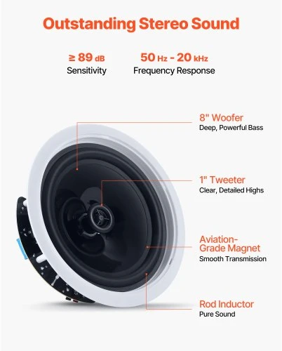 VEVOR Bluetooth įleidžiami lubiniai garsiakalbiai 845BT su stiprintuvu, 2 vnt., 203 mm