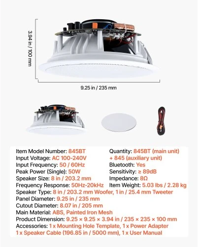 VEVOR Bluetooth įleidžiami lubiniai garsiakalbiai 845BT su stiprintuvu, 2 vnt., 203 mm