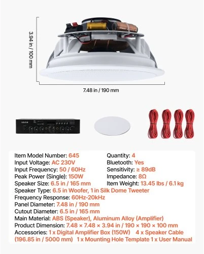 VEVOR Bluetooth lubiniai garsiakalbiai su stiprintuvu, 165 mm, 4 vnt.