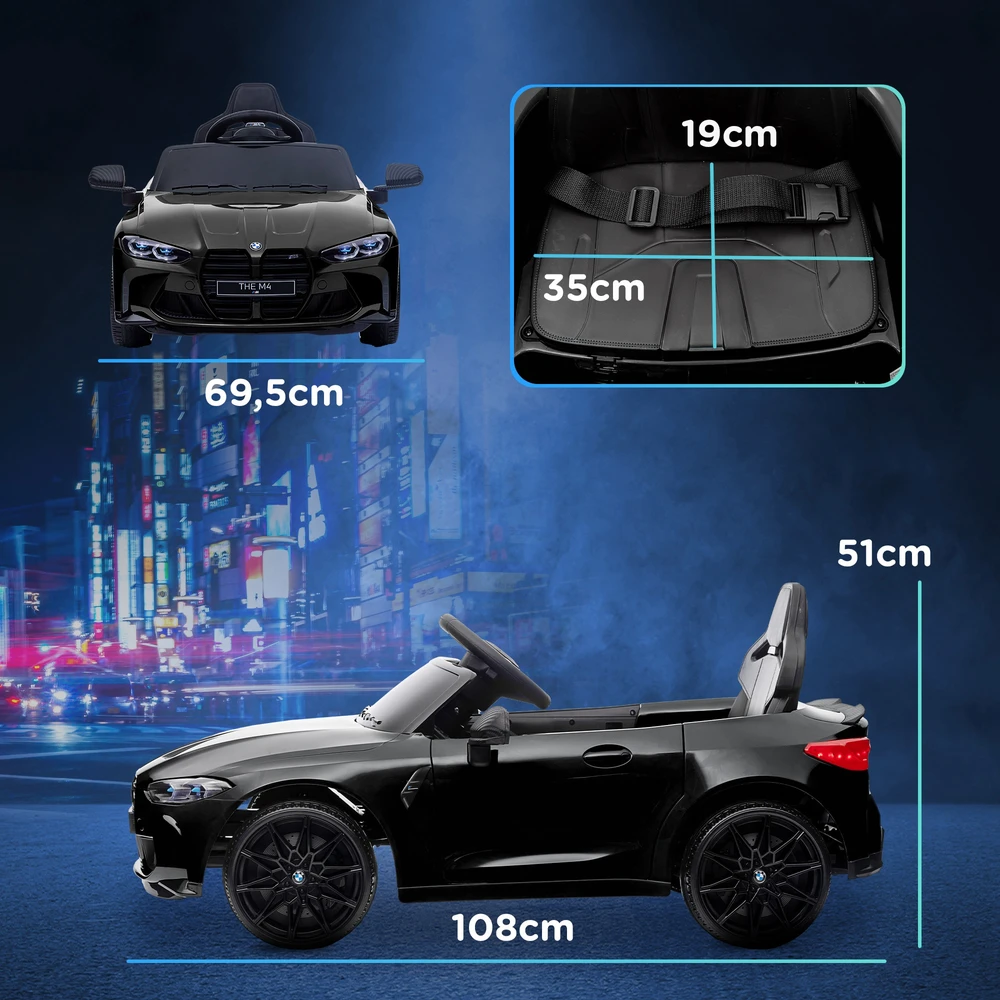 Aosom BMW M4 elektrinis vaikiškas automobilis, juodas, 108 x 69,5 x 51 cm