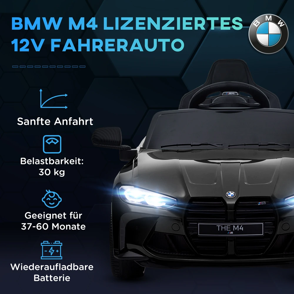 Aosom BMW M4 elektrinis vaikiškas automobilis, juodas, 108 x 69,5 x 51 cm