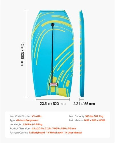 Koduva Bodyboard VEVOR, su riešo pavadėliu, 106 x 52 x 6 cm, iki 82 kg