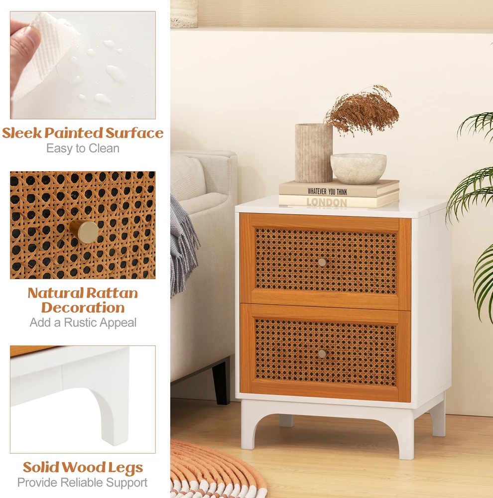 Promotion Boho Naktinis Staliukas su 2 Rankų Austais Rataniniais Stalčiais Baltas
