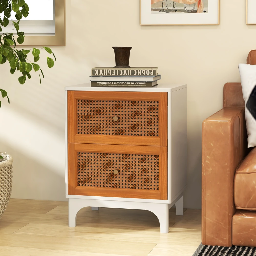 Promotion Boho Naktinis Staliukas su 2 Rankų Austais Rataniniais Stalčiais Baltas