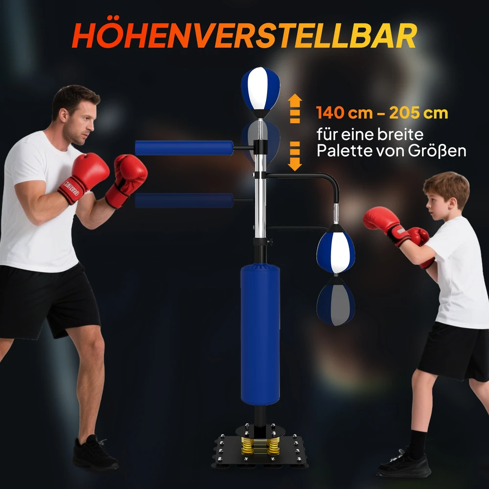Aosom Bokso stovas su dviem speedballais, sukama bokso lazda, smūgio pagalvė, reguliuojamo aukščio, plienas, 107 x 36 x 140-205 cm, mėlynas