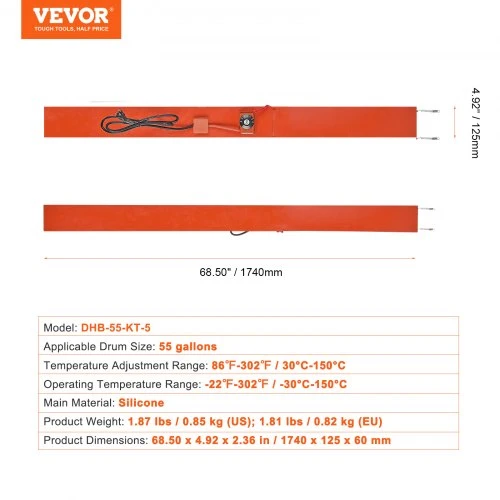 VEVOR Būgno šildytuvas, 208,2 l, 1200 W, silikoninis, reguliuojama 30-150 °C