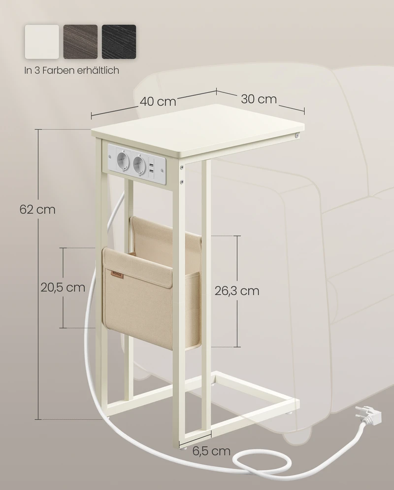 Koduva C formos šoninis staliukas, kreminės baltos spalvos, su 2 AC lizdais ir 2 USB, 30 x 40 x 62 cm