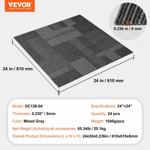 VEVOR Carpet tiles DC126-04, 24 vnt., mišriai pilka, 610 x 610 x 6 mm
