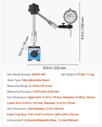 Koduva Ciferinis matuoklis VEVOR su magnetiniu lanksčiu stovu, 0,03 mm tikslumas, 0-25,4 mm