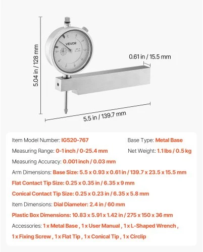 VEVOR Ciferinis matuoklis su metaliniu pagrindu, 0,03 mm tikslumas, 0-25,4 mm