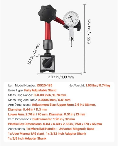 Koduva Ciferinis svirtinis indikatorius VEVOR su universaliu magnetiniu pagrindu ir dėklu, 0,01 mm, 0-0,76 mm