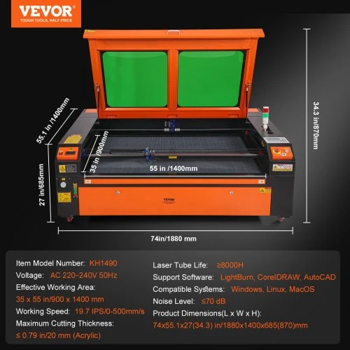 Koduva CO2 lazerinis graviravimo ir pjovimo įrenginys VEVOR KH1490, 130 W, 140 x 90 cm